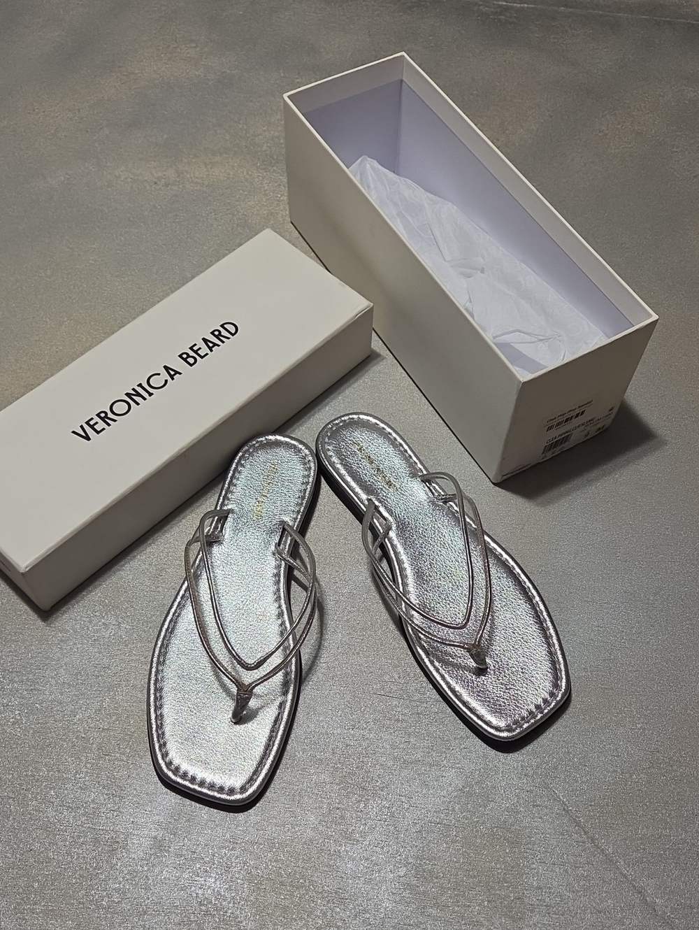 Veronica Beard Silver Metallic Leather Thong Sandals
